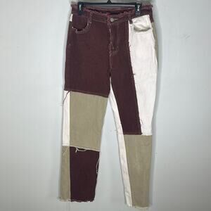 SHEIN Patchwork Burgundy White Tan Denim Distressed Hem Pants Size Medium